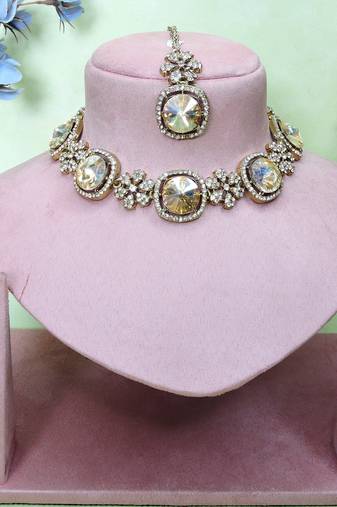 Gold yellow gold premium designer american diamond and stone work necklace set