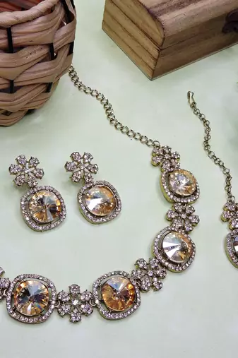 Gold yellow gold premium designer american diamond and stone work necklace set