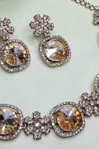 Gold yellow gold premium designer american diamond and stone work necklace set