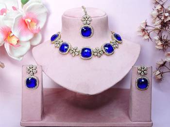 Blue yellow gold premium designer american diamond and stone work necklace set 1