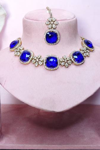 Blue yellow gold premium designer american diamond and stone work necklace set