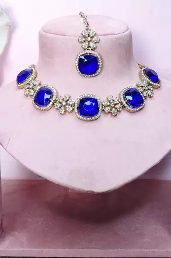 Blue yellow gold premium designer american diamond and stone work necklace set
