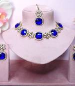 Blue yellow gold premium designer american diamond and stone work necklace set