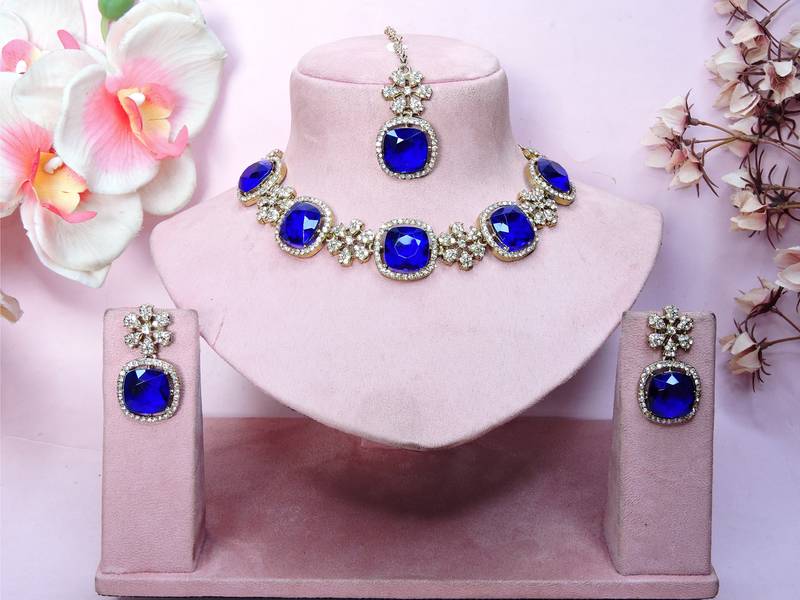 Blue yellow gold premium designer american diamond and stone work necklace set