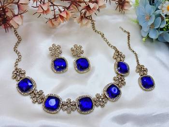 Blue yellow gold premium designer american diamond and stone work necklace set 2