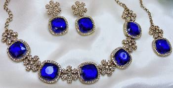 Blue yellow gold premium designer american diamond and stone work necklace set 3