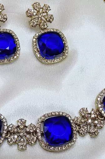 Blue yellow gold premium designer american diamond and stone work necklace set