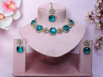 Green yellow gold premium designer american diamond and stone work necklace set 1