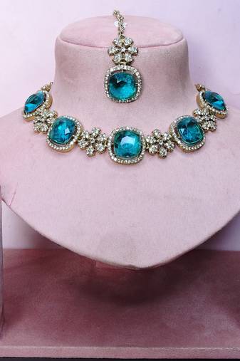 Green yellow gold premium designer american diamond and stone work necklace set