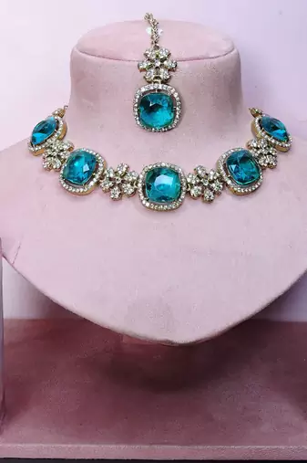 Green yellow gold premium designer american diamond and stone work necklace set
