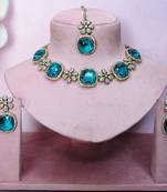 Green yellow gold premium designer american diamond and stone work necklace set