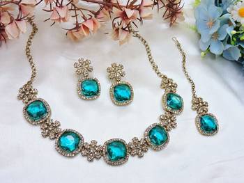 Green yellow gold premium designer american diamond and stone work necklace set 2