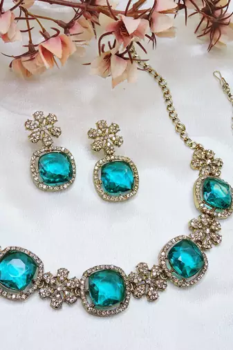 Green yellow gold premium designer american diamond and stone work necklace set