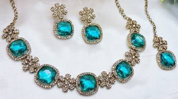 Green yellow gold premium designer american diamond and stone work necklace set 3