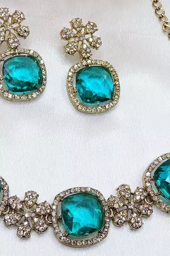 Green yellow gold premium designer american diamond and stone work necklace set