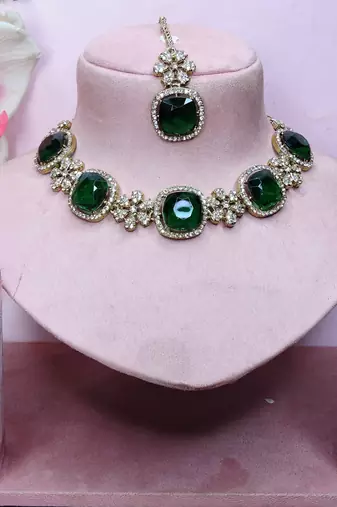 Green yellow gold premium designer american diamond and stone work necklace set