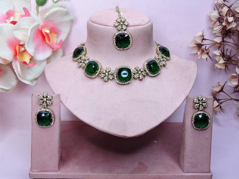 Green yellow gold premium designer american diamond and stone work necklace set