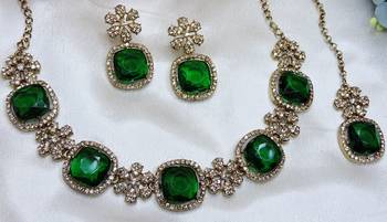Green yellow gold premium designer american diamond and stone work necklace set 2