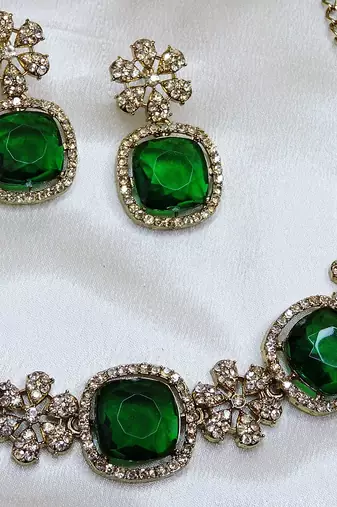 Green yellow gold premium designer american diamond and stone work necklace set