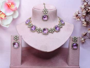 Purple yellow gold premium designer american diamond and stone work necklace set 1