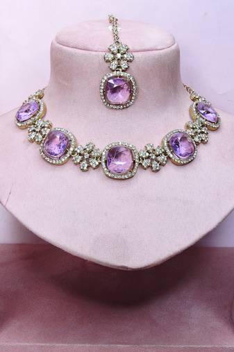 Purple yellow gold premium designer american diamond and stone work necklace set