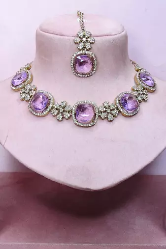 Purple yellow gold premium designer american diamond and stone work necklace set