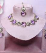 Purple yellow gold premium designer american diamond and stone work necklace set