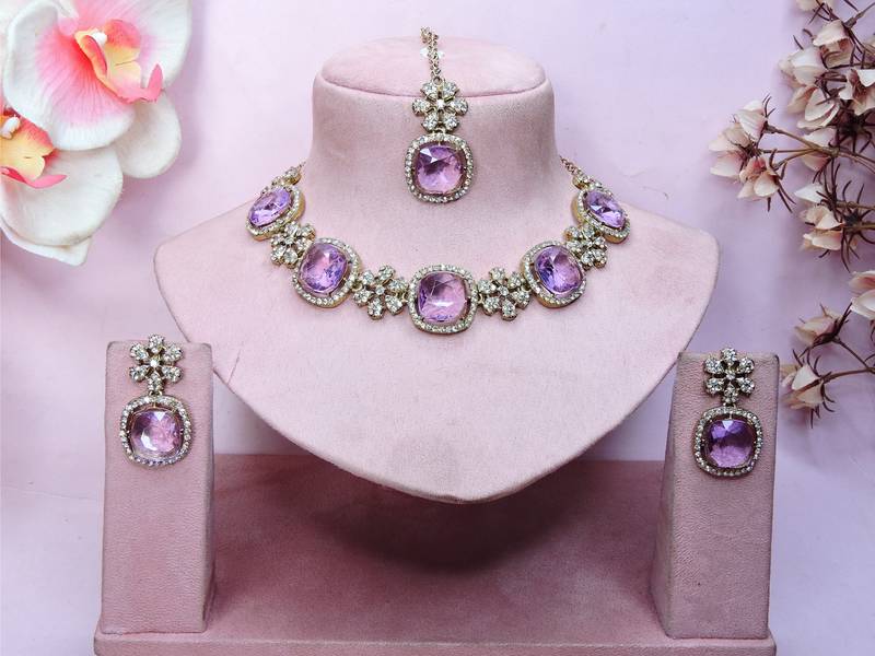 Purple yellow gold premium designer american diamond and stone work necklace set