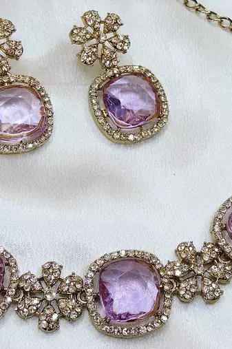 Purple yellow gold premium designer american diamond and stone work necklace set