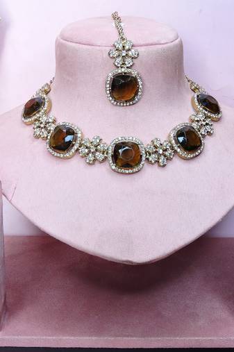 Green yellow gold premium designer american diamond and stone work necklace set