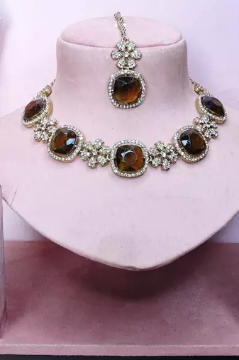 Green yellow gold premium designer american diamond and stone work necklace set