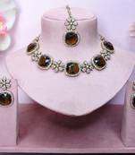Green yellow gold premium designer american diamond and stone work necklace set