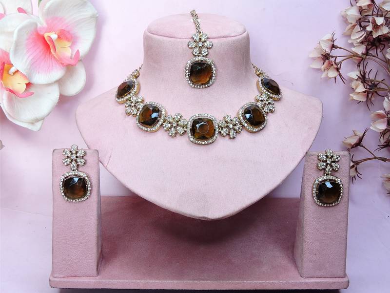 Green yellow gold premium designer american diamond and stone work necklace set