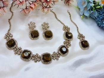 Green yellow gold premium designer american diamond and stone work necklace set 2