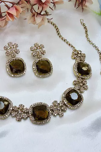 Green yellow gold premium designer american diamond and stone work necklace set