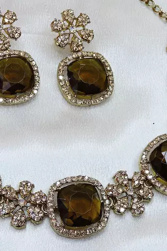 Green yellow gold premium designer american diamond and stone work necklace set