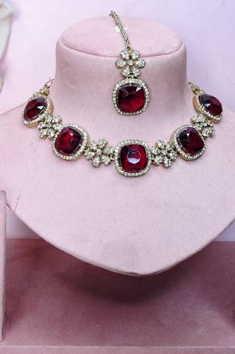 Maroon yellow gold premium designer american diamond and stone work necklace set
