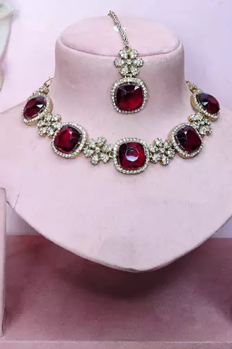 Maroon yellow gold premium designer american diamond and stone work necklace set
