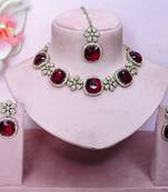 Maroon yellow gold premium designer american diamond and stone work necklace set
