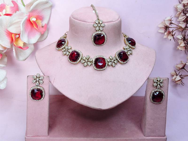 Maroon yellow gold premium designer american diamond and stone work necklace set