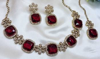 Maroon yellow gold premium designer american diamond and stone work necklace set 2