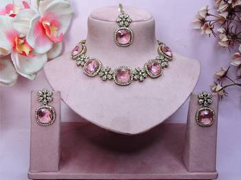 Pink yellow gold premium designer american diamond and stone work necklace set 1