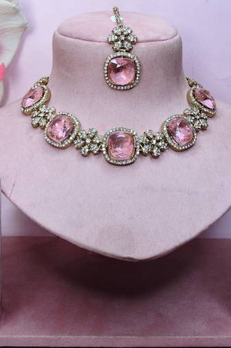 Pink yellow gold premium designer american diamond and stone work necklace set