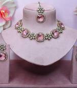 Pink yellow gold premium designer american diamond and stone work necklace set