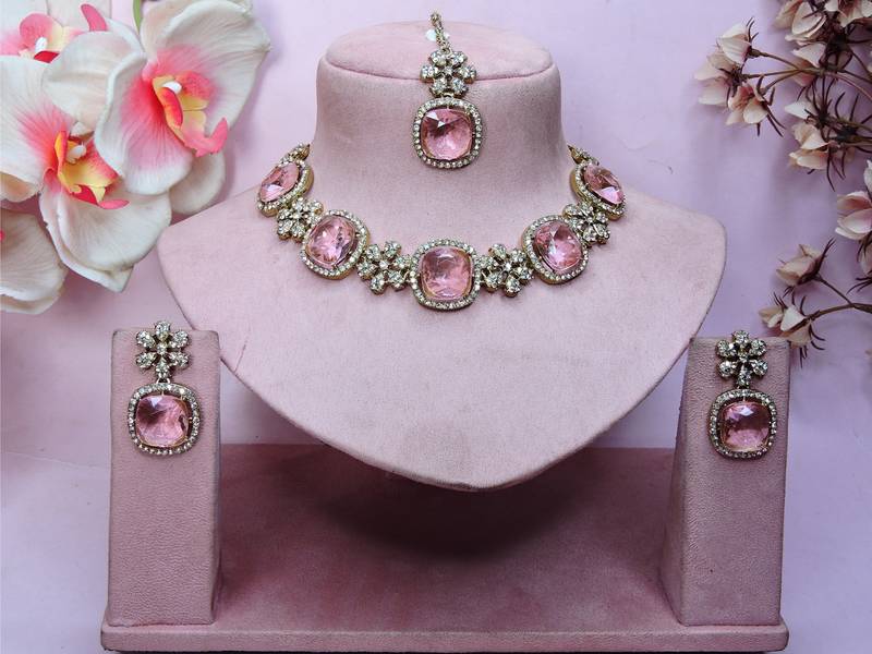 Pink yellow gold premium designer american diamond and stone work necklace set