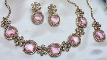 Pink yellow gold premium designer american diamond and stone work necklace set 2