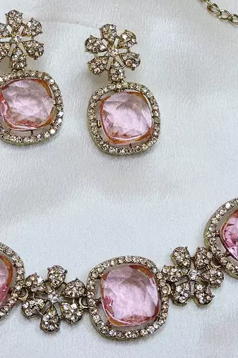 Pink yellow gold premium designer american diamond and stone work necklace set