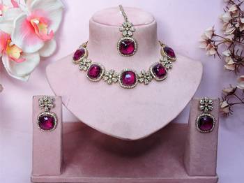 Purple yellow gold premium designer american diamond and stone work necklace set 1