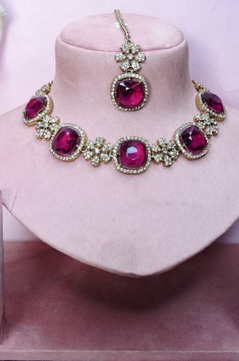 Purple yellow gold premium designer american diamond and stone work necklace set