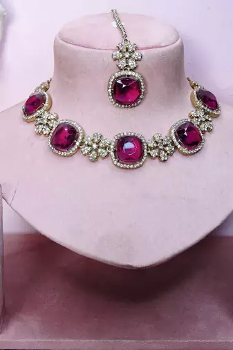 Purple yellow gold premium designer american diamond and stone work necklace set
